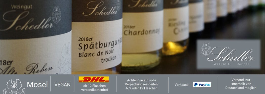 Titelbild des Online-Shops vom Familienweingut Schedler – Moselwein direkt vom Winzer online kaufen, nachhaltig, vegan und mit Liebe handgemacht
